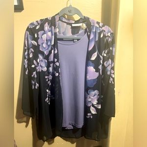 Susan Graver black  and purple sheer floral sheer cardigan w/ matching tank top